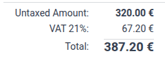 Odoo会自动计算21%税的金额。