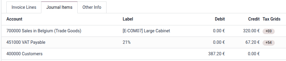 Odoo 会为 21% 的税项自动生成一条可付税费日记账科目。