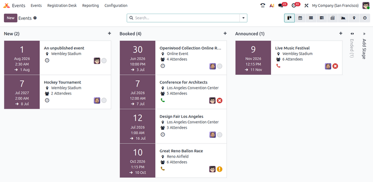 Odoo 活动中的活动仪表板及看板视图概览。