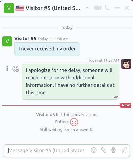 操作员窗口中显示的聊天窗口视图，其中高亮显示了 Odoo 在线客服的评分。