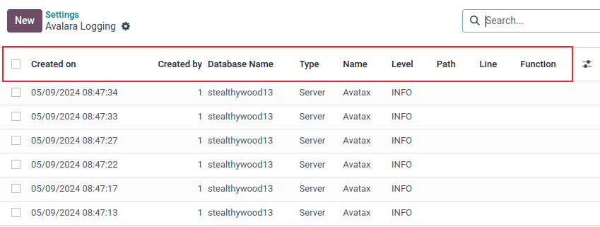 突出显示 Avalara 日志页面列表首行