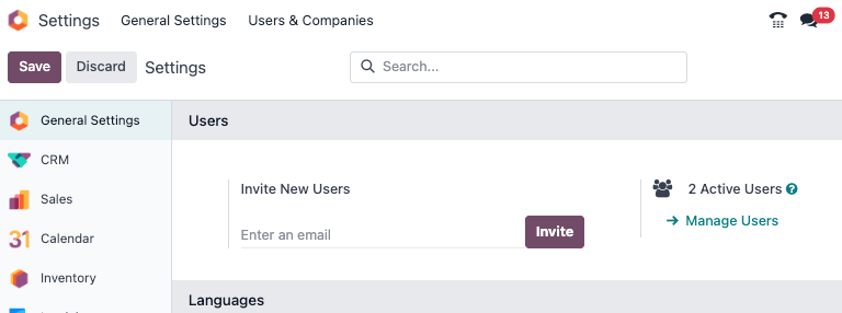 设置页面的视图，强调 Odoo 中的管理用户字段。