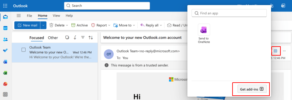 Outlook 收件箱中的应用按钮。