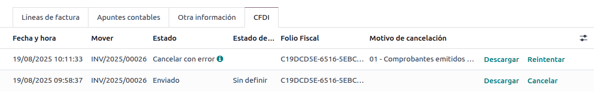 在 CFDI 标签页中取消的发票行项目。