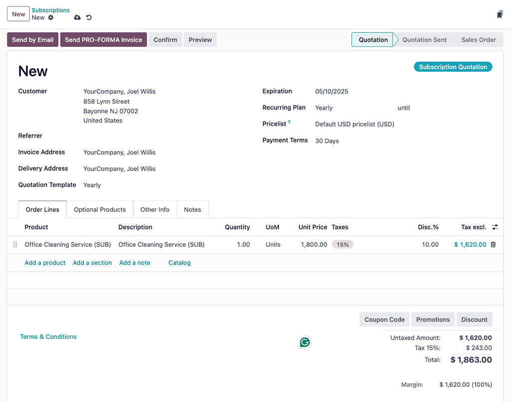 Odoo 中填写完成的新订阅报价单示例。