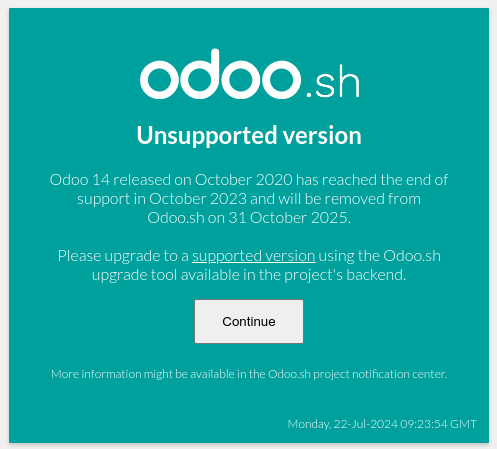 Odoo.sh 上弹出的 "不支持的版本" 。