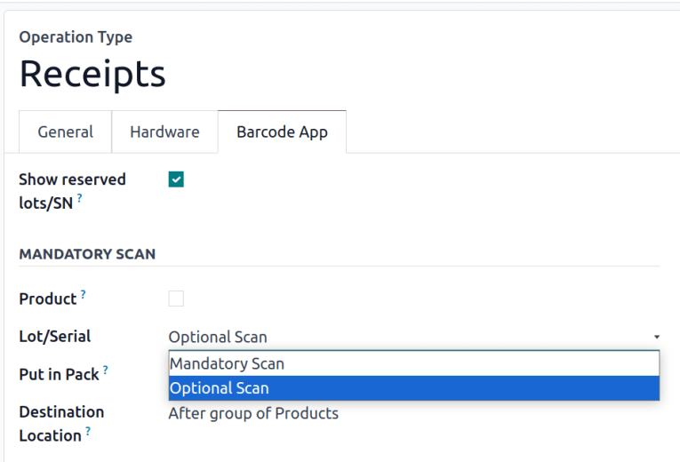 在 Receipts 作业类型中选择 'Optional Scan'。