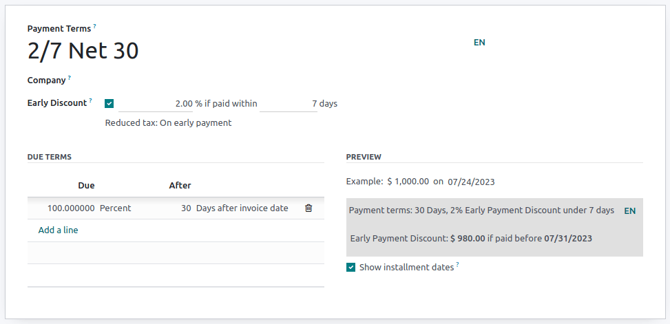 配置名为 “2/7 Net 30” 的支付条件。字段 “Description on Invoices” 显示为：“Payment terms: 30 Days, 2% Early Payment Discount under 7 days”。