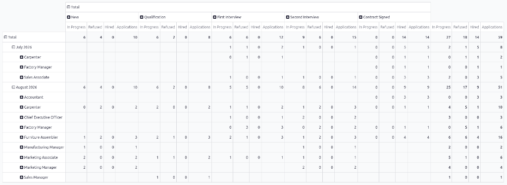 详细的数据透视表视图。