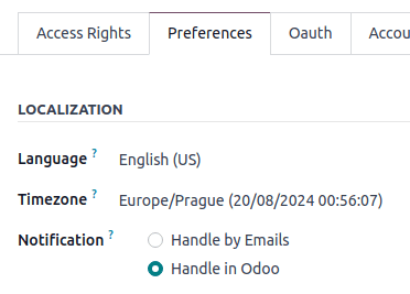 Odoo 内部沟通应用的偏好选项卡视图。