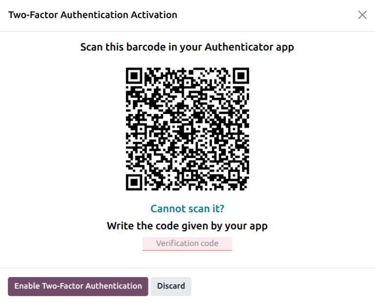 Odoo 中的双因素认证二维码。