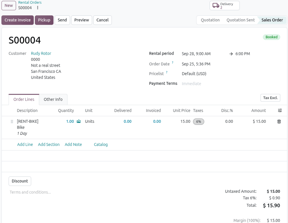 Sample of a filled-out rental order available in the Odoo Rental application.