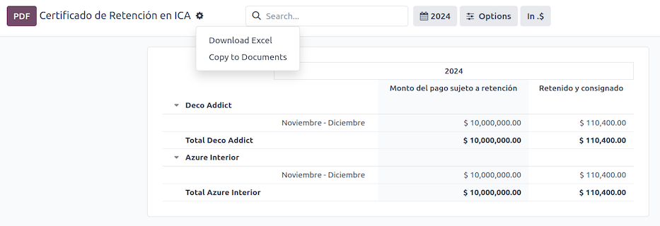 Odoo 会计中的 Certificado de Retención en ICA 报表。