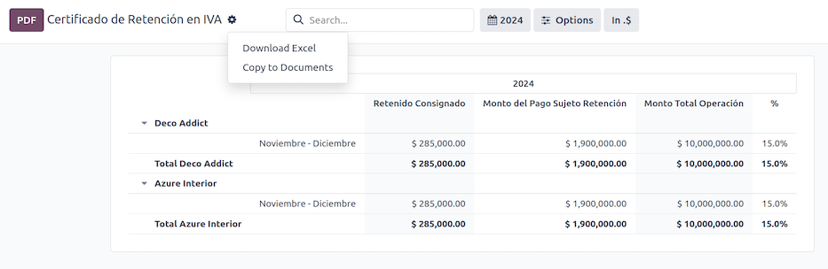 Odoo 会计中的 Certificado de Retención en IVA 报表。