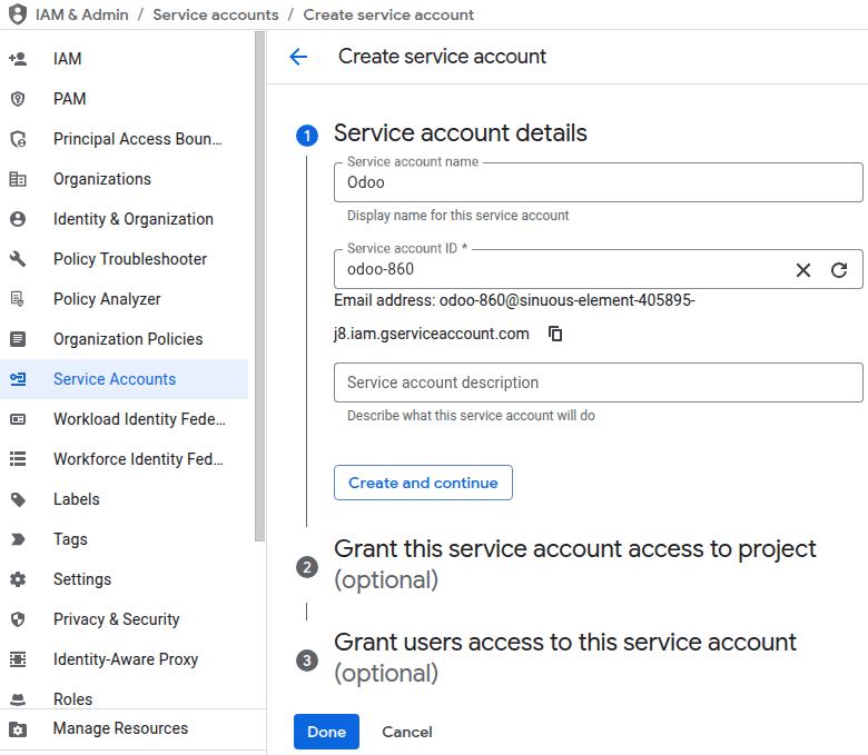 创建 Google Cloud 服务账号