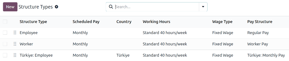 薪资结构列表中的 Türkiye 工资结构。