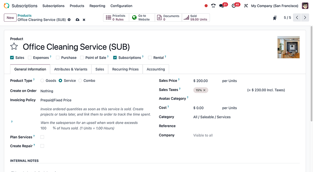 Odoo 订阅应用程序中的基本订阅产品表单。