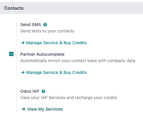 设置应用程序显示 Odoo IAP 标题和“查看我的服务”按钮。