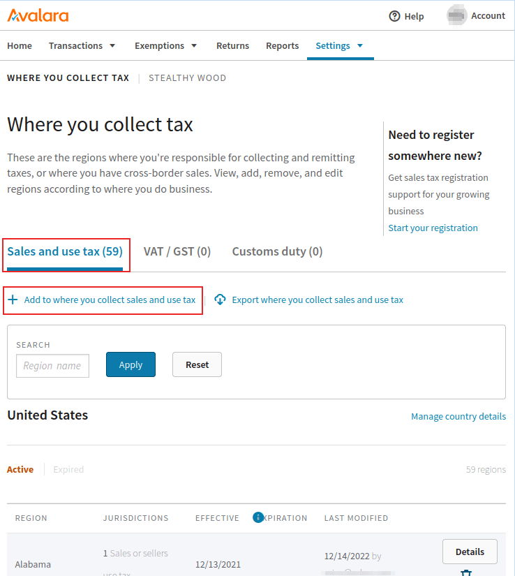 AvaTax 管理控制台，位于 Where you collect tax 页面，突出显示添加按钮 及销售和使用税选项卡。