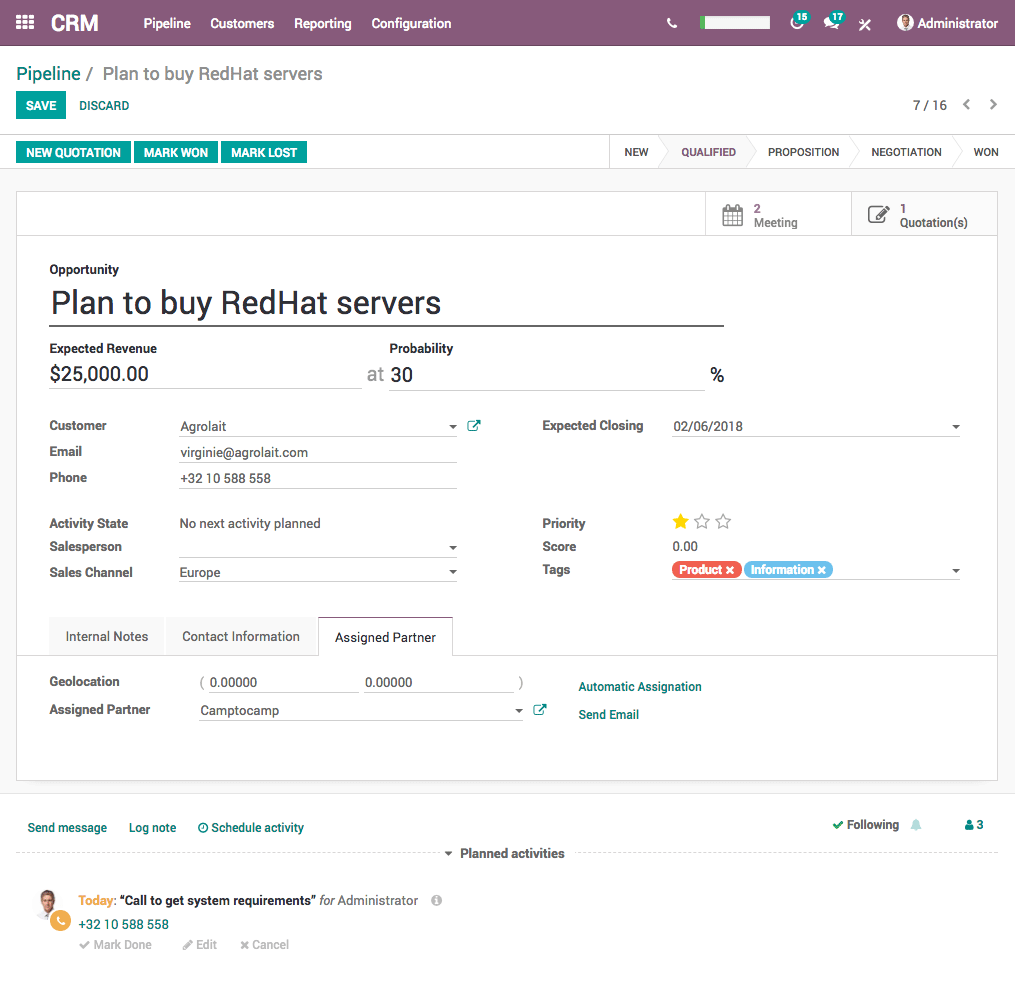 编辑销售商机的Odoo CRM 界面